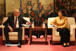 Tổng giám đốc TTXVN Vũ Việt Trang trao đổi với Tổng giám đốc Andrey Kondrashov. (Ảnh: Hoàng Long/Vietnam+)