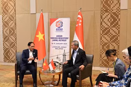 Phó Thủ tướng, Bộ trưởng Ngoại giao Bùi Thanh Sơn (trái) gặp Bộ trưởng Ngoại giao Singapore Vivian Balakrishnan. (Ảnh: Hằng Linh/TTXVN)