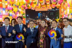 Bà Nguyễn Thị Anh Thi (áo dài), Phó Chủ tịch Ủy ban nhân dân thành phố Đà Nẵng và ông Han Jung-il (ở giữa đeo kính), Tổng Lãnh sự Hàn Quốc tại Đà Nẵng chụp hình chung với các đại biểu. (Ảnh: Thanh Phong/Vietnam+)