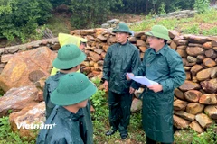 Đại tá Phan Đại Nghĩa - Phó Tư lệnh, Tham mưu Trưởng Quân khu 5 và Đại tá Trần Quang Chánh - Phó Chỉ huy Trưởng, Tham mưu Trưởng BCH Quân sự Đà Nẵng (2 người bên phải) thăm hỏi người dân có mộ bị thiệt hại do sạt lở nghĩa trang Hòa Sơn. (Ảnh: Thanh Phong/Vietnam+) 