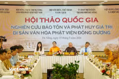 Quang cảnh hội thảo nghiên cứu bảo tồn và phát huy giá trị di sản văn hoá Phật viện Đồng dương. (Ảnh: Thanh Phong/Vietnam+)