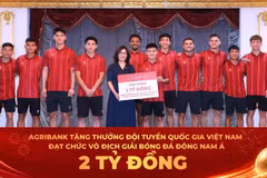 Đại diện Agribank Bà Từ Thị Kim Thanh - Thành viên HĐTV trao thưởng 2 tỷ đồng chúc mừng thành tích xuất sắc của Đội tuyển Quốc gia Việt Nam. (Ảnh: Vietnam+)