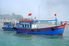 Các tàu cá đồng loạt rẽ sóng ra khơi. (Ảnh: Lê Phước Ngọc - TTXVN)