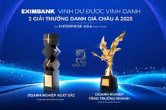 Eximbank được vinh danh Doanh nghiệp xuất sắc châu Á (Corporate Excellence Award) và Doanh nghiệp tăng trưởng nhanh (Fast Enterprise Award) tại APEA 2025. (Ảnh: Vietnam+)