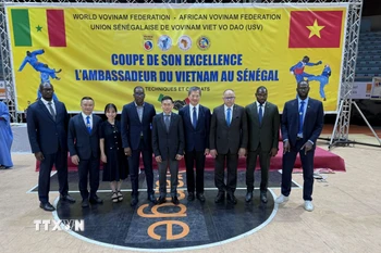 Đoàn đại biểu do Đại sứ Trần Quốc Khánh và Chủ tịch WVVF Mai Hữu Tín dẫn đầu cùng các lãnh đạo của USV tại lễ khai mạc vòng chung kết Giải Vovinam Cúp Đại sứ Việt Nam tại Senegal 2025. (Ảnh: TTXVN phát)