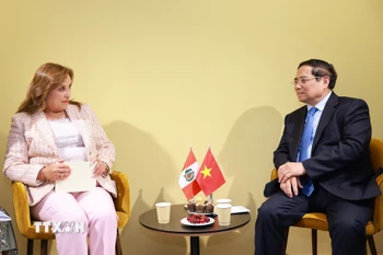 Thủ tướng Phạm Minh Chính gặp Tổng thống Peru Dina Ercilia Boluarte Zegarra. (Ảnh: Dương Giang/TTXVN)