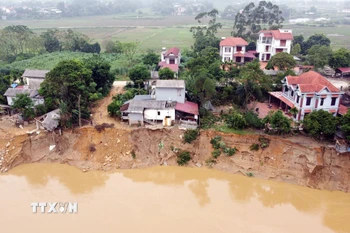 Sạt lở nghiêm trọng bờ sông Lô tại khu 20, xã Dân Chủ, tỉnh Phú Thọ. (Ảnh: Tạ Toàn/TTXVN)