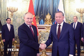 Tổng Bí thư Tô Lâm hội đàm hẹp với Tổng thống Nga Vladimir Putin. (Ảnh: Thống Nhất/TTXVN)