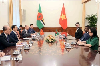 Phó Thủ tướng, Bộ trưởng Bộ Ngoại giao Bùi Thanh Sơn hội đàm với Bộ trưởng Ngoại giao, Ngoại thương, Thương mại và Năng lượng Cộng đồng Thịnh vượng Dominica Vince Henderson. (Ảnh: An Đăng/TTXVN)