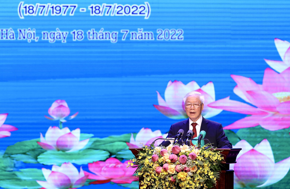 Tổng Bí thư Nguyễn Phú Trọng đọc diễn văn tại Lễ kỷ niệm. (Ảnh: Lâm Khánh/TTXVN)