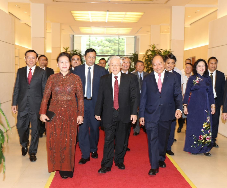 Tổng Bí thư, Chủ tịch nước Nguyễn Phú Trọng, Thủ tướng Nguyễn Xuân Phúc, Chủ tịch Quốc hội Nguyễn Thị Kim Ngân và và các đồng chí lãnh đạo, nguyên lãnh đạo Đảng, Nhà nước đến dự Lễ kỷ niệm. (Ảnh: Trí Dũng/TTXVN)