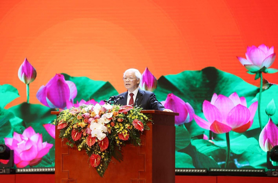 Tổng Bí thư, Chủ tịch nước Nguyễn Phú Trọng đọc diễn văn kỷ niệm 50 năm thực hiện Di chúc Chủ tịch Hồ Chí Minh (1969-2019) và kỷ niệm 50 năm Ngày mất của Người (2/9/1969-2/9/2019). (Ảnh: Trí Dũng/TTXVN)