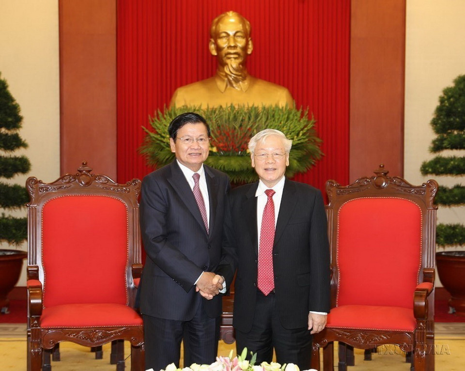 Chiều 1/10/2019, tại Trụ sở Trung ương Đảng, Tổng Bí thư, Chủ tịch nước Nguyễn Phú Trọng tiếp Thủ tướng Lào Thongloun Sisoulith thăm chính thức Việt Nam. (Ảnh: Trí Dũng/TTXVN)