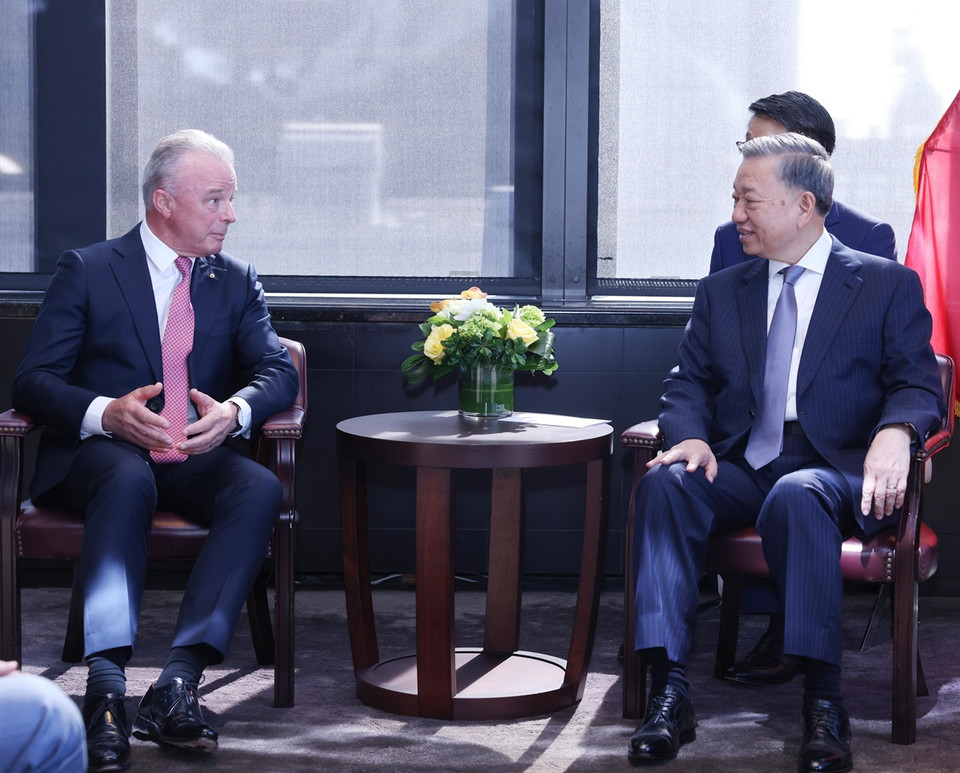 Tổng Bí thư, Chủ tịch nước Tô Lâm tiếp Tiến sỹ Brendan Nelson, Phó Chủ tịch Cấp cao Tập đoàn Boeing kiêm Chủ tịch Boeing Global. (Ảnh: Lâm Khánh/TTXVN)