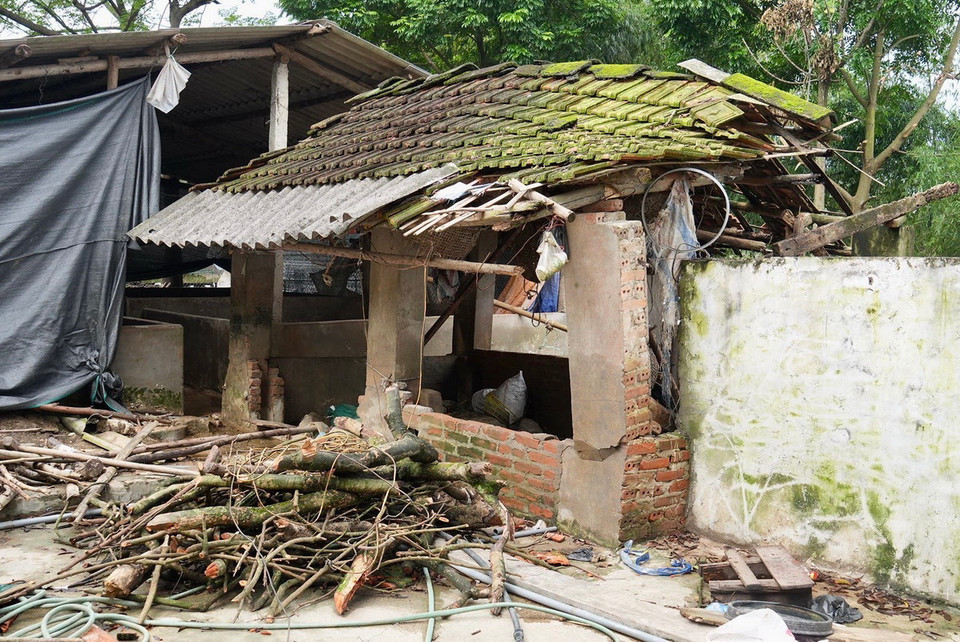 Một nhà dân bị ảnh hưởng bởi sạt lở đê tả Lô. (Ảnh: Hoàng Hùng/TTXVN)