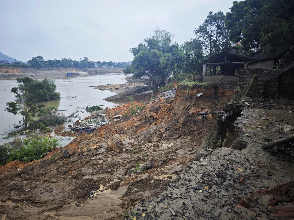 Khu vực K00+700 đê tả Lô thuộc địa phận thôn Hồng Đường, xã Bạch Lưu (Sông Lô, Vĩnh Phúc) xảy ra sạt lở lớn, chiều dài dọc theo bờ sông trên 100m. (Ảnh: Hoàng Hùng/TTXVN)