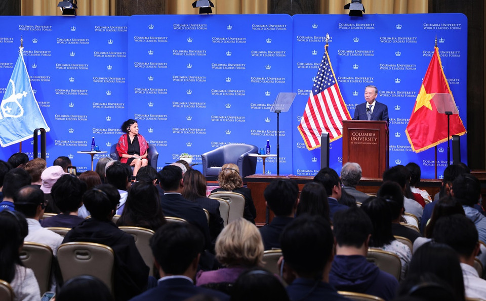 Tổng Bí thư, Chủ tịch nước Tô Lâm phát biểu chính sách tại Đại học Columbia. (Ảnh: Lâm Khánh/TTXVN)