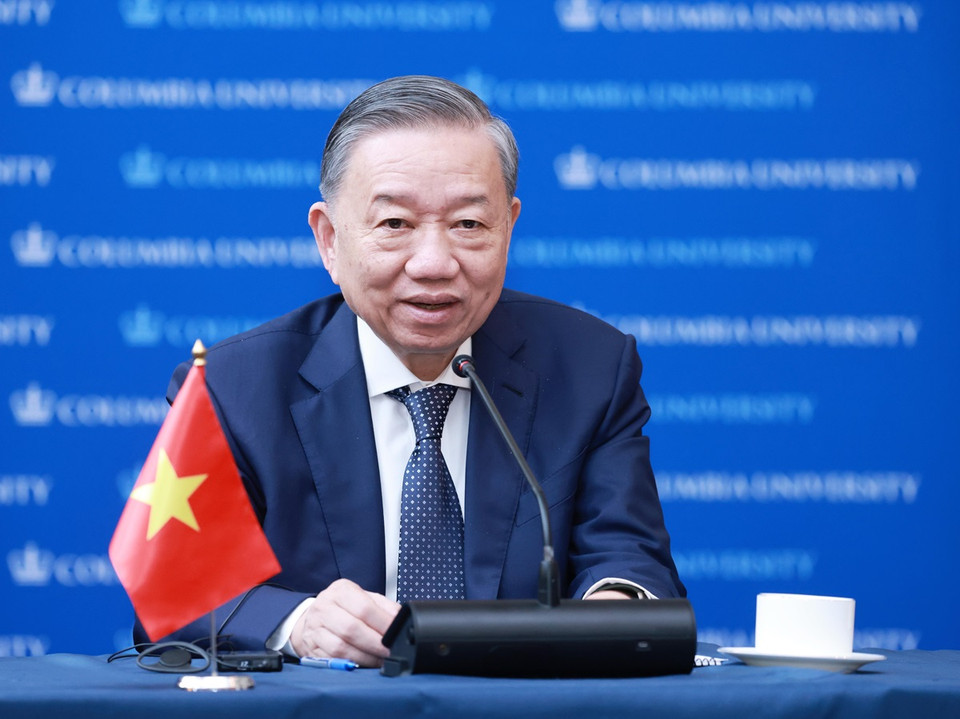 Tổng Bí thư, Chủ tịch nước Tô Lâm phát biểu tại buổi tiếp một số chuyên gia, học giả về Việt Nam do Viện Đông Á Weatherhead (Đại học Columbia) tổ chức. (Ảnh: Lâm Khánh/TTXVN)