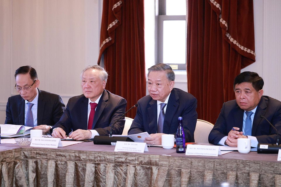 Tổng Bí thư, Chủ tịch nước Tô Lâm phát biểu tại Tọa đàm Tăng cường hợp tác Việt Nam-Hoa Kỳ trong phát triển ngành công nghiệp bán dẫn và trí tuệ nhân tạo. (Ảnh: Lâm Khánh/TTXVN)