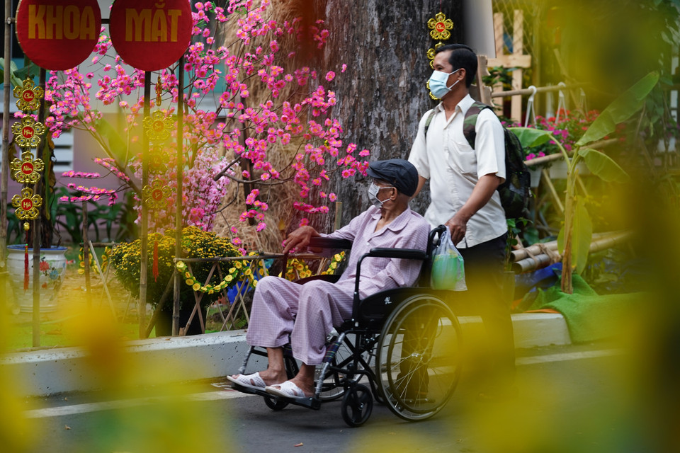 Người bệnh được người thân đưa đi tham quan đường hoa trong bệnh viện. (Ảnh: Thu Hương/TTXVN)