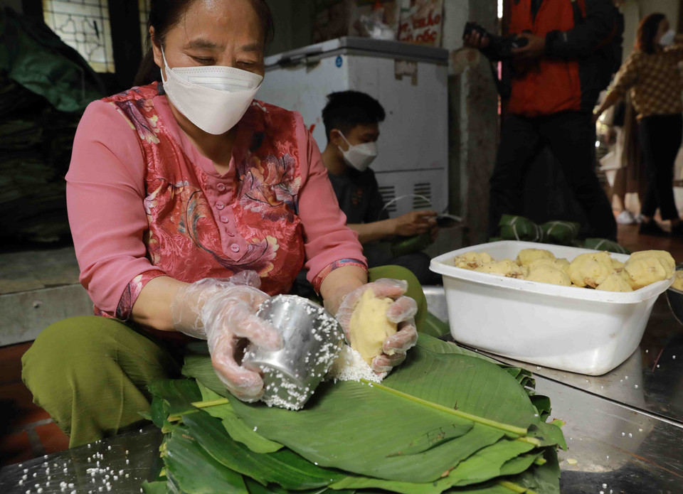 Vào những ngày gần Tết, mỗi gia đình trong làng nghề làm khoảng 1.000 đến 2.000 chiếc bánh chưng nhiều loại. (Ảnh: Vũ Sinh/TTXVN)