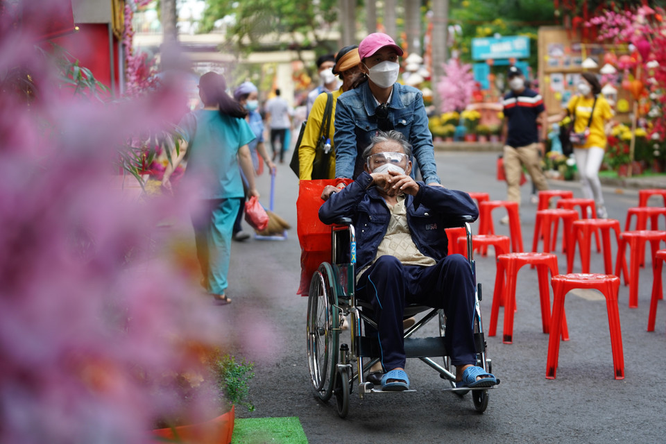 Người bệnh được người thân đưa đi tham quan đường hoa trong bệnh viện. (Ảnh: Thu Hương/TTXVN)