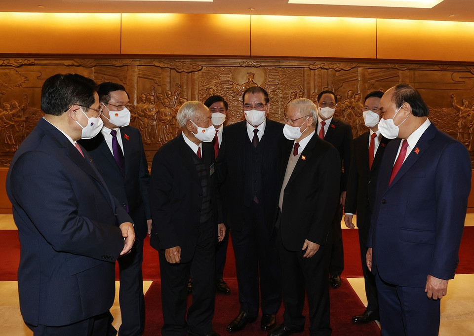 Tổng Bí thư Nguyễn Phú Trọng và các vị lãnh đạo, nguyên lãnh đạo Đảng, Nhà nước cùng các đại biểu Quốc hội dự phiên khai mạc. (Ảnh: Trí Dũng/TTXVN)