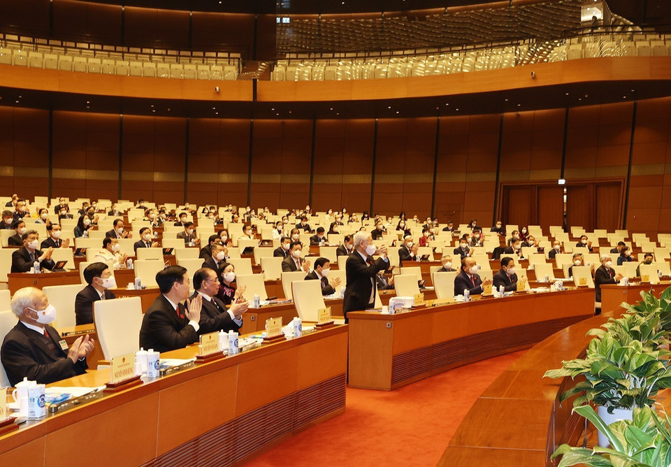 Tổng Bí thư Nguyễn Phú Trọng và các vị lãnh đạo, nguyên lãnh đạo Đảng, Nhà nước cùng các đại biểu Quốc hội dự phiên khai mạc. (Ảnh: Trí Dũng/TTXVN)