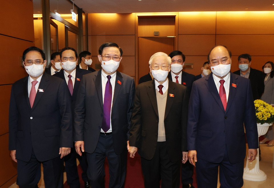 Tổng Bí thư Nguyễn Phú Trọng, Chủ tịch nước Nguyễn Xuân Phúc, Thủ tướng Chính phủ Phạm Minh Chính, Chủ tịch Quốc hội Vương Đình Huệ đến dự phiên khai mạc. (Ảnh: Trí Dũng/TTXVN)