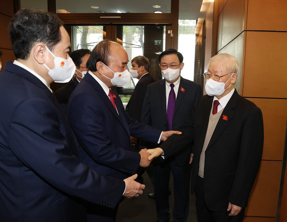 Tổng Bí thư Nguyễn Phú Trọng và các vị lãnh đạo Đảng, Nhà nước dự phiên khai mạc. (Ảnh: Trí Dũng/TTXVN)