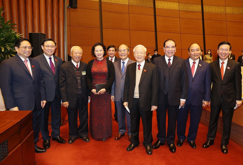 Tổng Bí thư Nguyễn Phú Trọng và các vị lãnh đạo, nguyên lãnh đạo Đảng, Nhà nước cùng các đại biểu Quốc hội dự phiên khai mạc. (Ảnh: Trí Dũng/TTXVN)