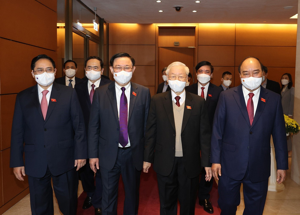 Tổng Bí thư Nguyễn Phú Trọng, Chủ tịch nước Nguyễn Xuân Phúc, Thủ tướng Chính phủ Phạm Minh Chính, Chủ tịch Quốc hội Vương Đình Huệ đến dự phiên khai mạc. (Ảnh: Trí Dũng/TTXVN)