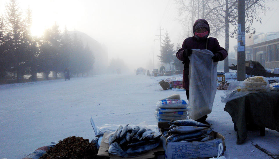 Người bán cá đông lạnh trong tuyết.