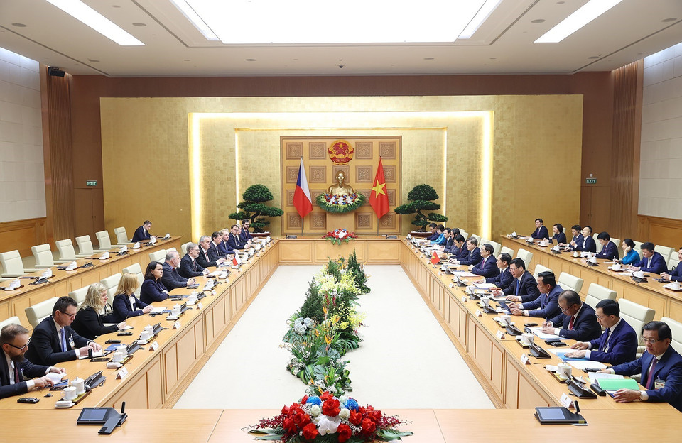 Sáng 21/4, tại Hà Nội, ngay sau lễ đón chính thức, Thủ tướng Phạm Minh Chính hội đàm với Thủ tướng nước Cộng hòa Séc Petr Fiala. (Ảnh: Dương Giang/TTXVN)