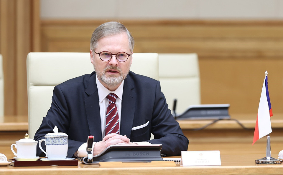 Thủ tướng Cộng hòa Séc Petr Fiala phát biểu tại cuộc hội đàm với Thủ tướng Phạm Minh Chính. (Ảnh: Dương Giang/TTXVN)