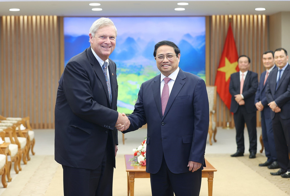 Chiều 19/4, tại Hà Nội, Thủ tướng Phạm Minh Chính tiếp ông Thomas Vilsack, Bộ trưởng Nông nghiệp Hoa Kỳ (USDA), sang thăm và làm việc tại Việt Nam. (Ảnh: Dương Giang/TTXVN)
