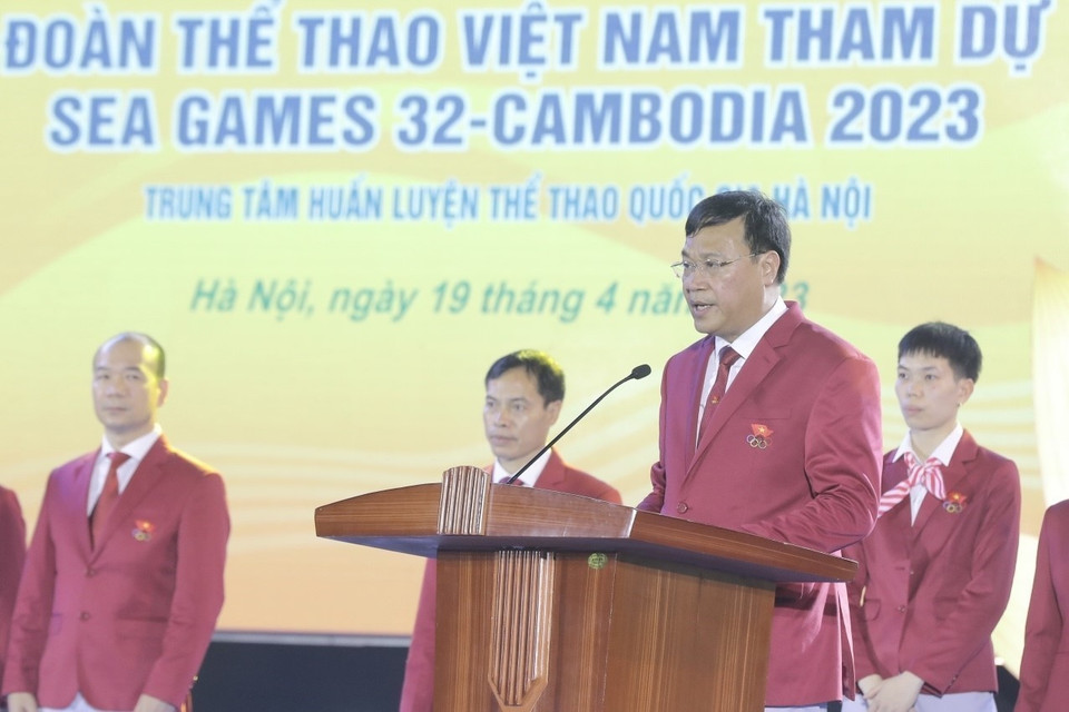 Ông Đặng Hà Việt, Tổng cục trưởng Tổng cục Thể dục Thể thao, Trưởng đoàn Thể thao Việt Nam, tham dự SEA Games 32 phát biểu. (Ảnh: Minh Quyết/TTXVN)