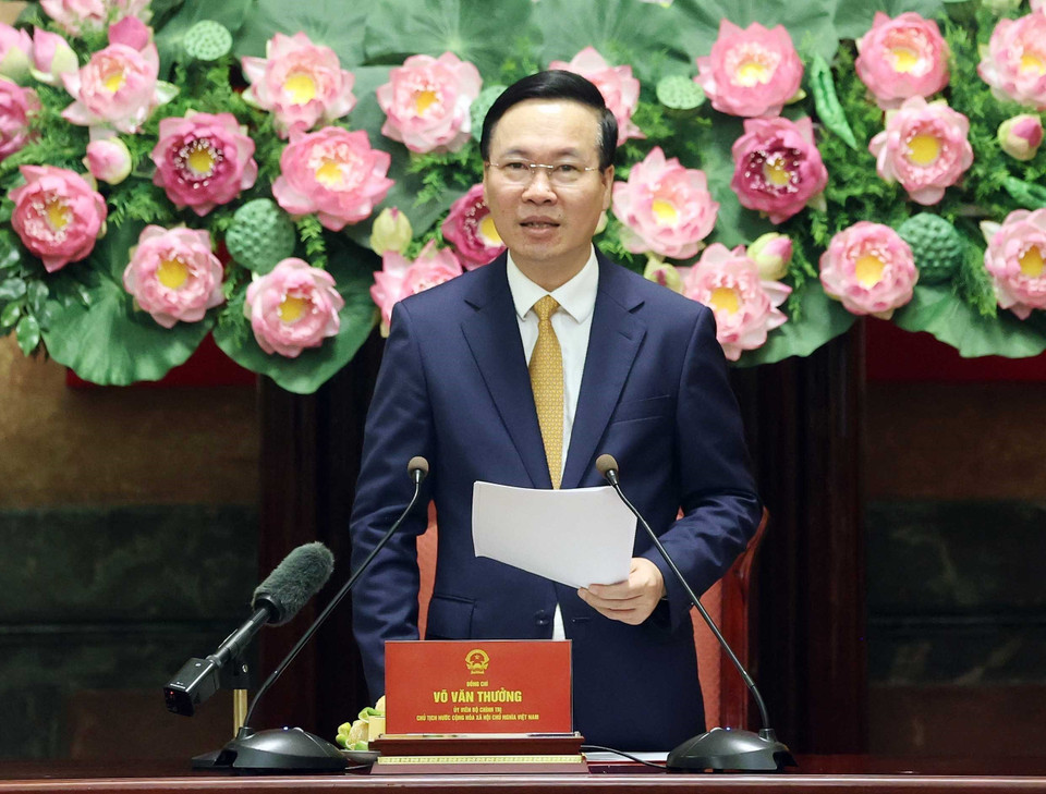 Chủ tịch nước Võ Văn Thưởng phát biểu tại buổi gặp mặt. (Ảnh: Thống Nhất/TTXVN)