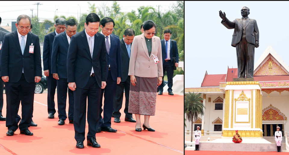 Chủ tịch nước Võ Văn Thưởng tưởng niệm Chủ tịch Kaysone Phomvihan. (Ảnh: Thống Nhất/TTXVN)