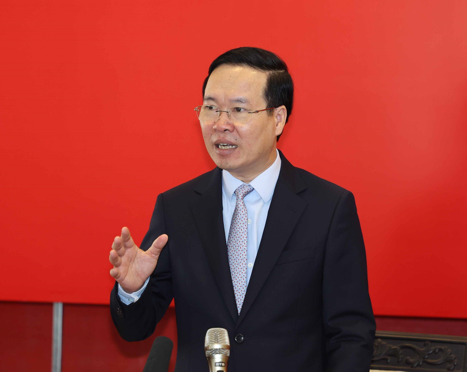 Chủ tịch nước Võ Văn Thưởng phát biểu tại buổi gặp gỡ. (Ảnh: Thống Nhất/TTXVN)