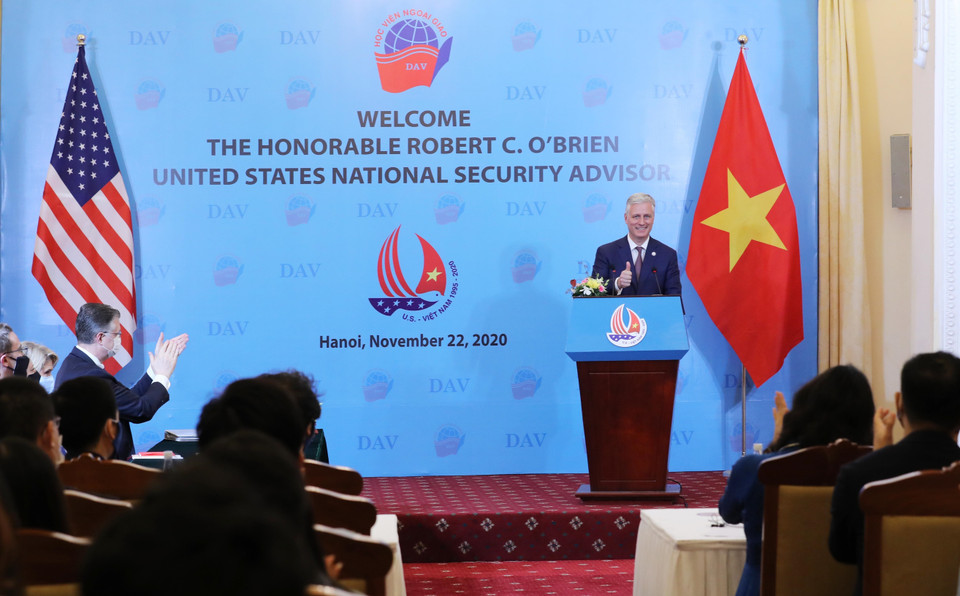 Cố vấn An ninh Quốc gia Mỹ Robert O’Brien tại buổi nói chuyện với sinh viên Học viên Ngoại giao. (Ảnh: Lâm Khánh/TTXVN)