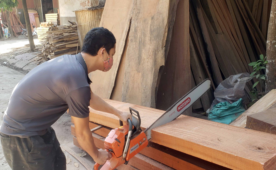 Xẻ gỗ bằng cưa máy cầm tay tại xưởng sản xuất Oanh Trọng, thôn Đoài (Yên Lạc, Vĩnh Phúc). (Ảnh: Hoàng Hùng/TTXVN)