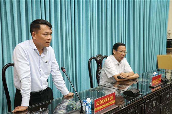 Ông Nguyễn Đức Lợi, Ủy viên Ban Chấp hành Trung ương Đảng, Tổng Giám đốc Thông tấn xã Việt Nam phát biểu tại buổi làm việc. (Ảnh: Huỳnh Phúc Hậu/TTXVN)