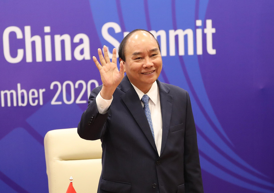 Thủ tướng Nguyễn Xuân Phúc, Chủ tịch ASEAN 2020 dự Hội nghị Cấp cao ASEAN-Trung Quốc lần thứ 23. (Ảnh: Thống Nhất/TTXVN)
