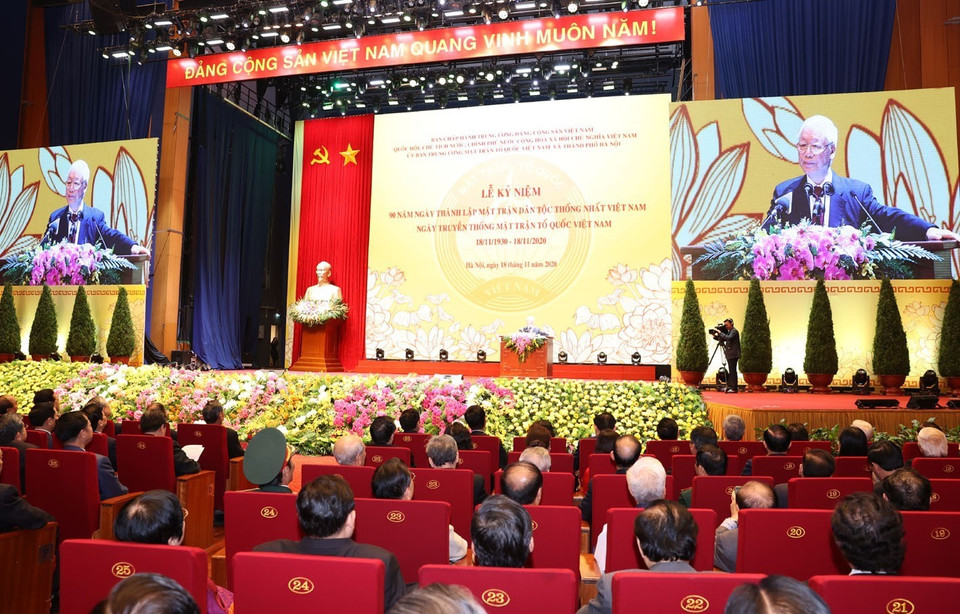 Tổng Bí thư, Chủ tịch nước Nguyễn Phú Trọng đọc diễn văn quan trọng tại buổi lễ. (Ảnh: Trí Dũng/TTXVN)