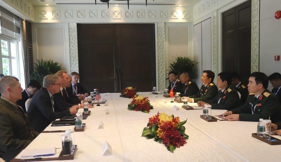 Toàn cảnh cuộc gặp giữa Bộ trưởng Quốc phòng Việt Nam Đại tướng Ngô Xuân Lịch và Quyền Bộ trưởng Quốc phòng Mỹ Patrick Shanahan. (Ảnh: Xuân Vịnh/TTXVN)