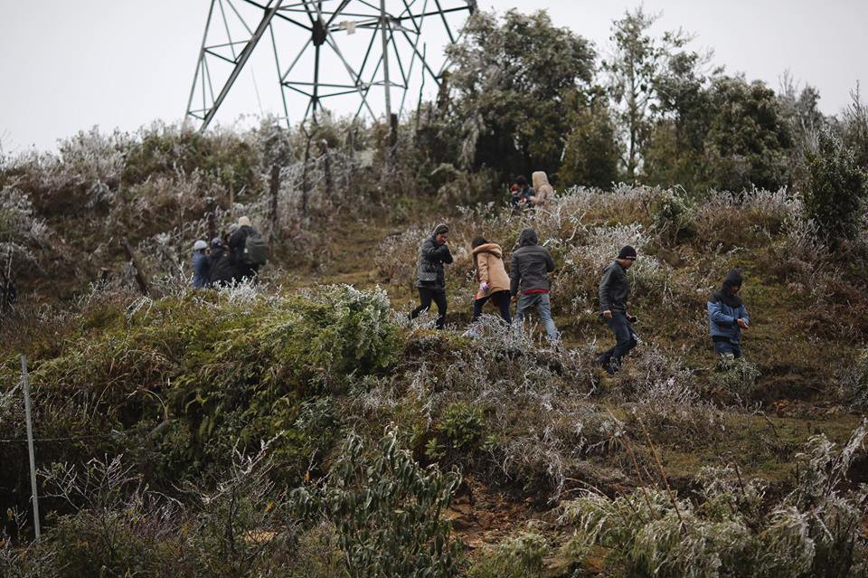 Nghe được thông tin có băng trên đỉnh đèo, rất nhiều người dân, khách du lịch đã đổ xô về đây thăm quan, chụp ảnh. (Ảnh: Lê Minh Sơn/Vietnam+)