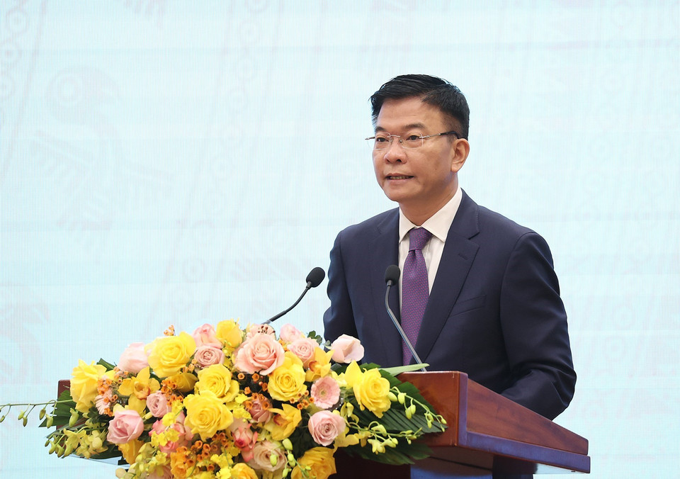 Bộ trưởng Bộ Tư pháp Lê Thành Long phát biểu khai mạc. (Ảnh: Dương Giang/TTXVN)