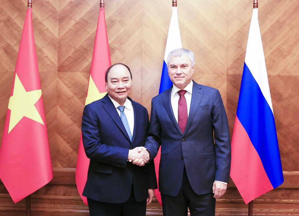 Chủ tịch nước Nguyễn Xuân Phúc gặp Chủ tịch Duma Quốc gia Nga Vyacheslav Volodina. (Ảnh: Thống Nhất/TTXVN)