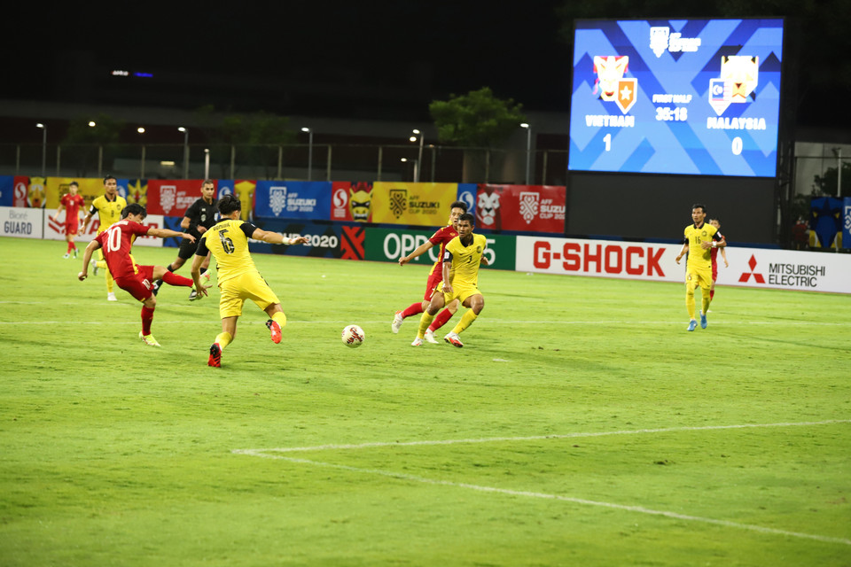 Cầu thủ Công Phượng ghi bàn nâng tỷ số lên 2-0. (Ảnh: Thế Vũ//TTXVN)